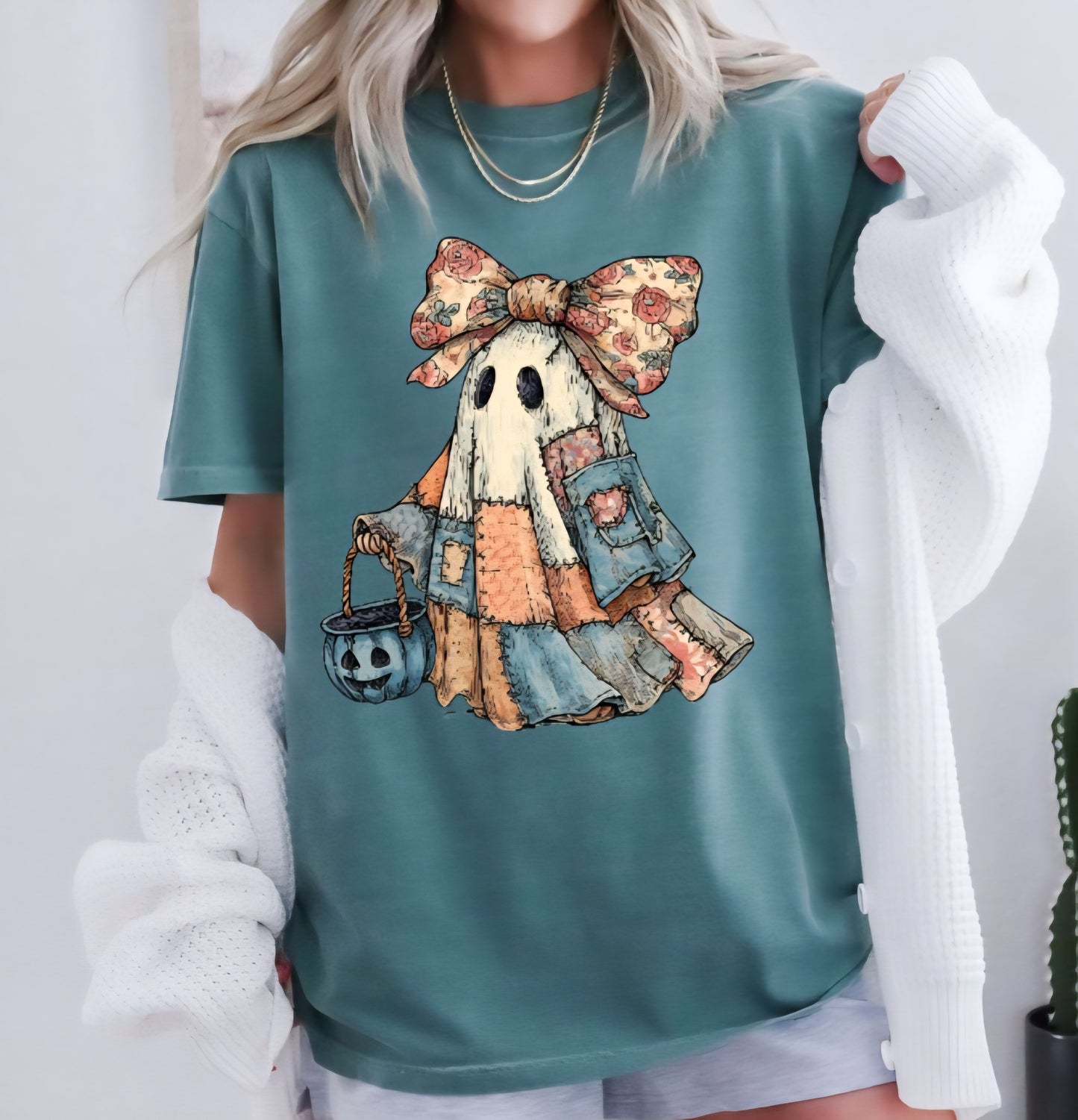 Patchwork Ghost Halloween tshirt or sweatshirt