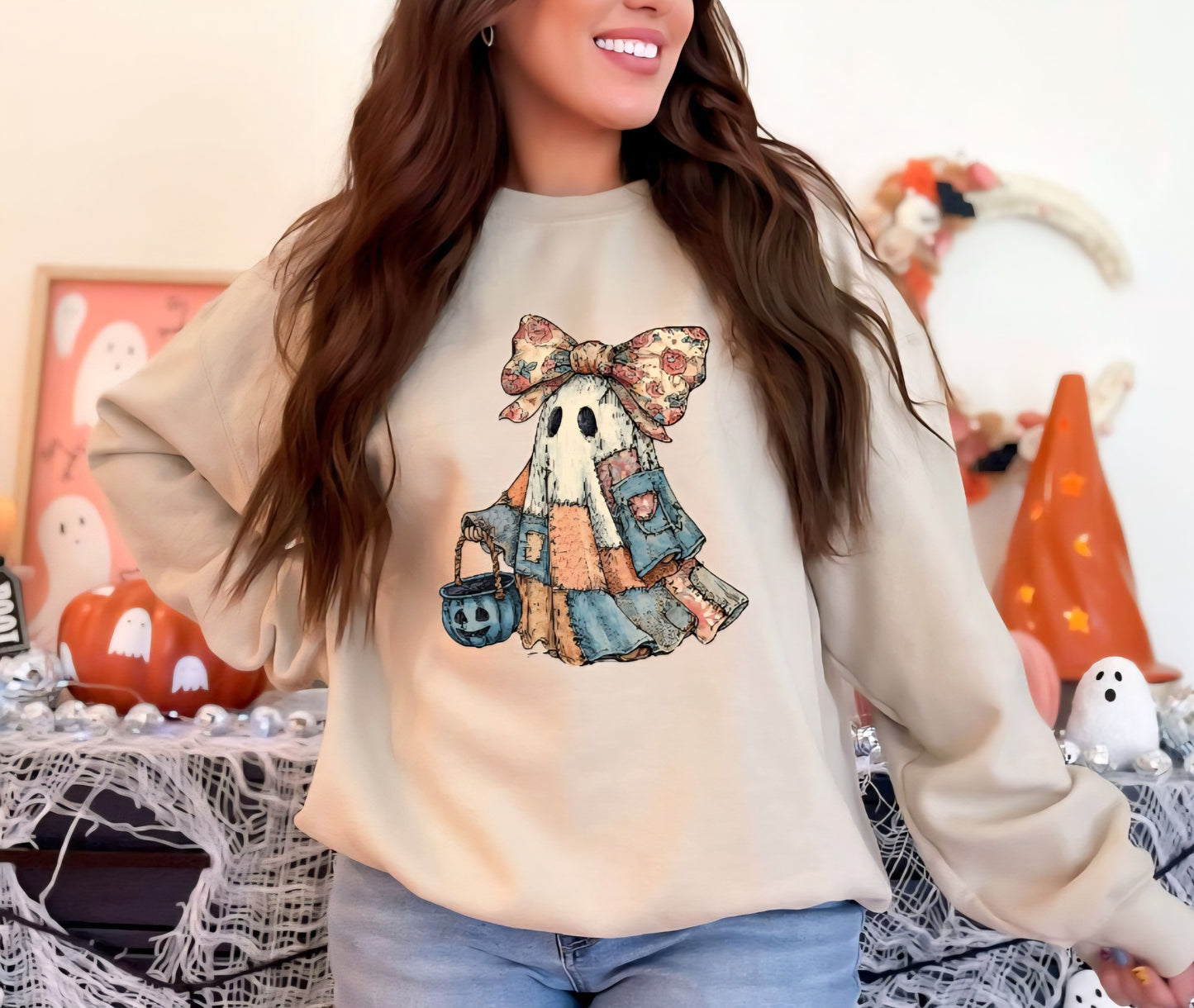 Patchwork Ghost Halloween tshirt or sweatshirt