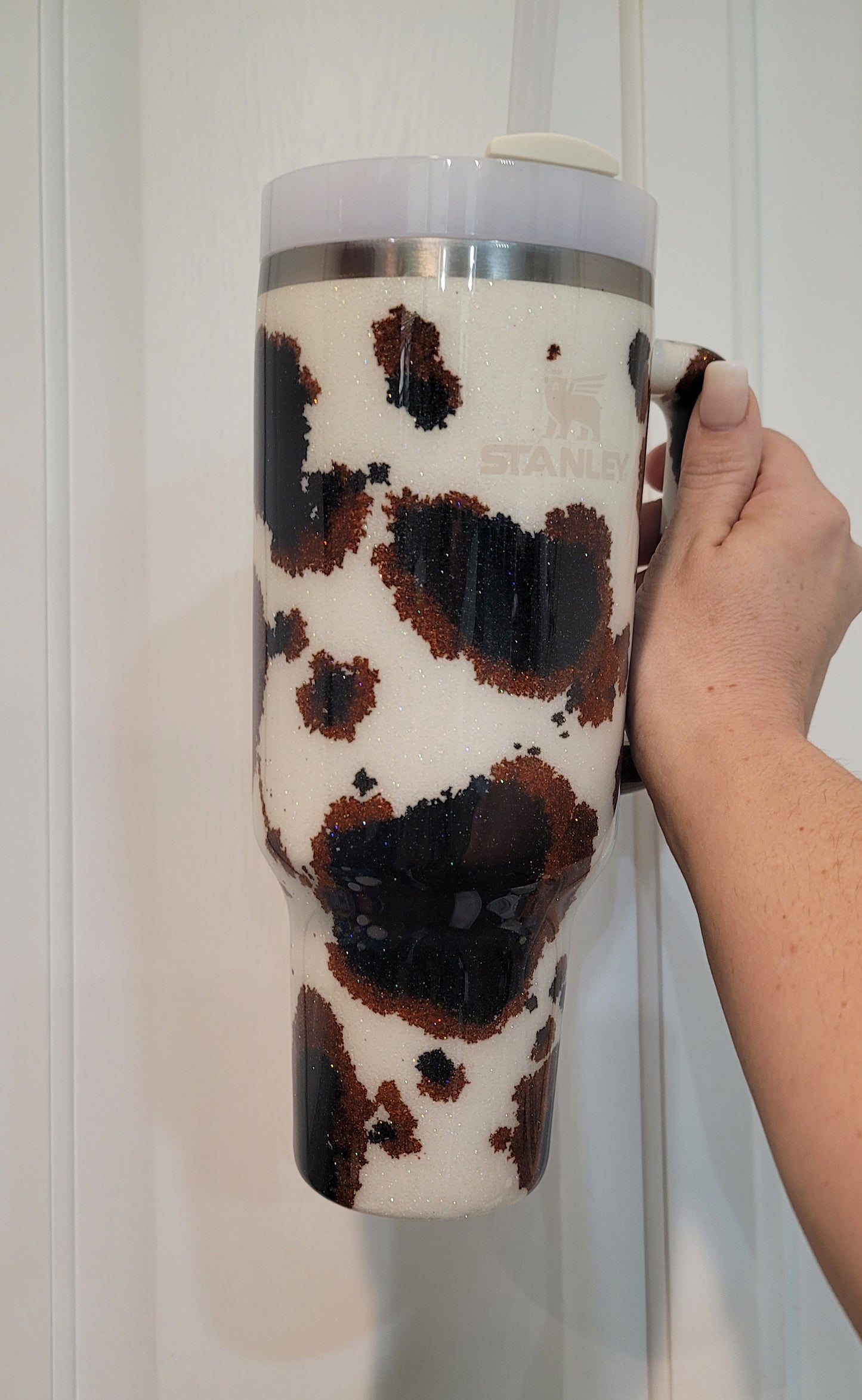 Stanley Cow Print Glitter Tumbler