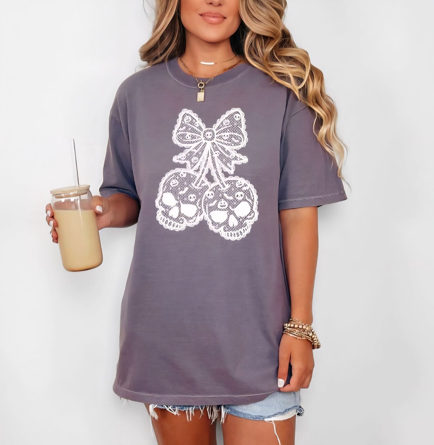 Skull Cherries Bow Lace Graphic Tees and sweatshirts