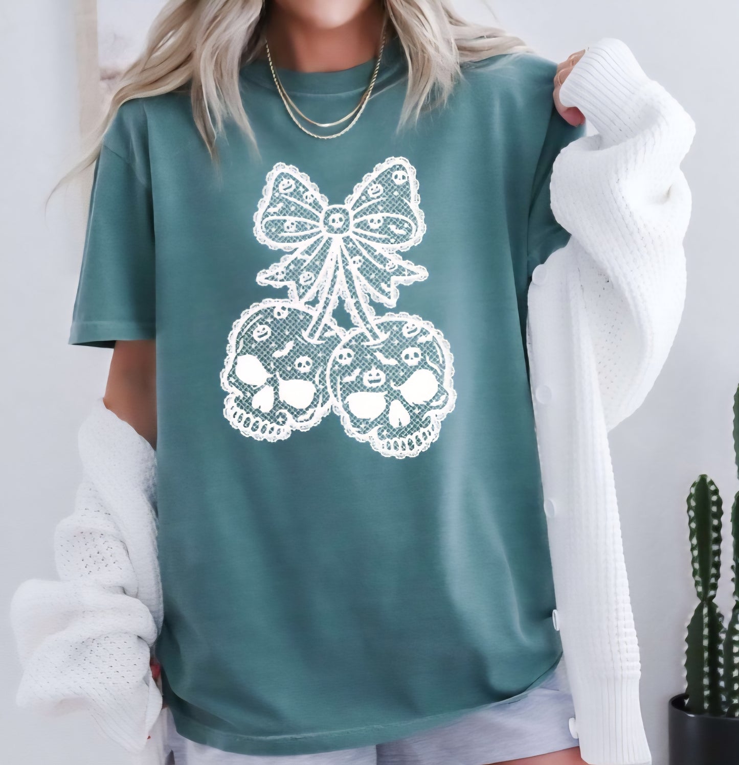 Skull Cherries Bow Lace Graphic Tees and sweatshirts